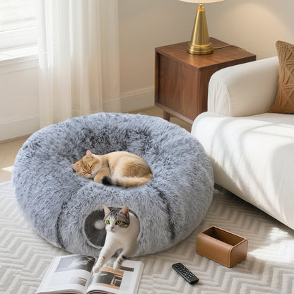 2-in-1 Donut Cat Tunnel with Washable Bed, Play Tunnel Bed with Toy Ball and Door Hole for Indoor Cats, Light Grey