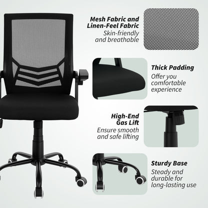 Mesh Office Chair, Computer Desk Chair with Flip-up Armrests, Lumbar Back Support and Swivel Wheels, Black