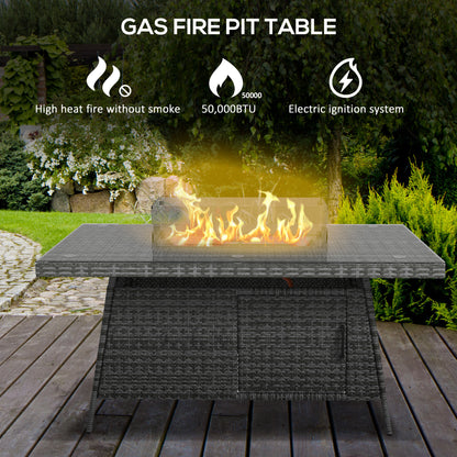7 Pieces Outdoor Rattan Garden Furniture with Fire Pit Table, 6 Seater Garden Table and Chairs with Cushions