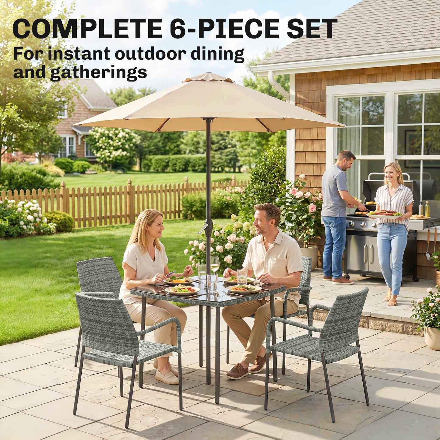 4 Seater Rattan Dining Set with Parasol, 6 Piece Garden Table and Stackable Chairs with Tempered Glass Tabletop