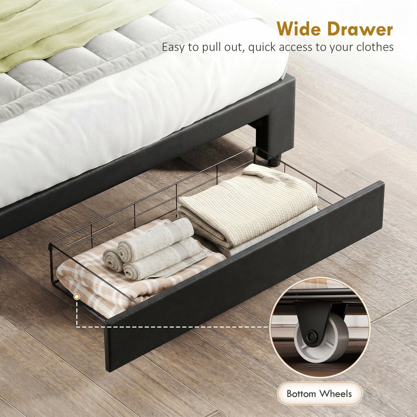 PU Leather King Size Ottoman Bed Frame, with Front Drawer - Black
