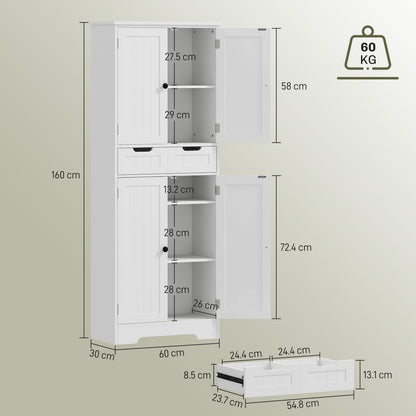 Tall Bathroom Cabinet, Freestanding Bathroom Storage Cabinet with Drawer, Shelves and Doors, 60 x 30 x 160 cm, White