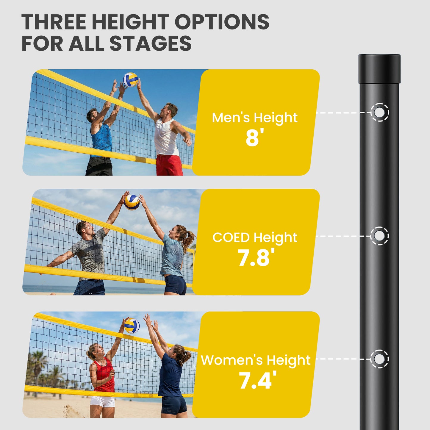 Portable Volleyball Net Set with Adjustable Height Steel Poles, Volleyball, Boundary Line and Carrying Bag for Beach