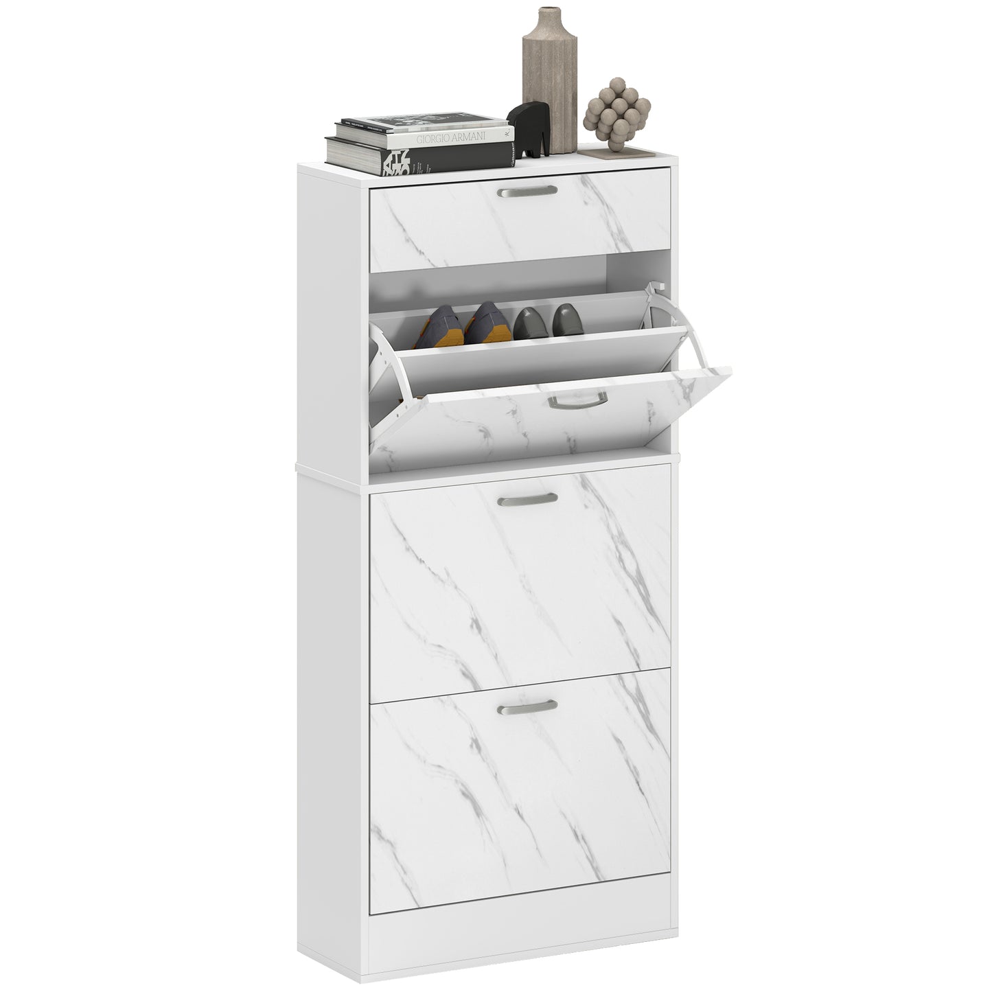 Marble Shoe Storage Cabinet with 3 Flip Drawers, Hallway Cabinet with Top Drawer and Adjustable Shelves