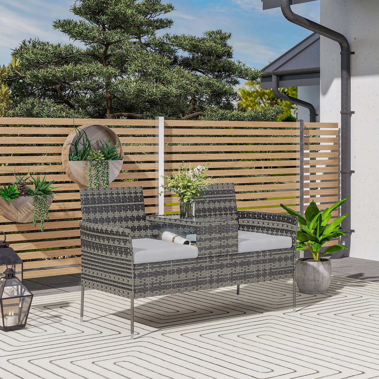 Two-Seat Rattan Chair, with Middle Table - Charcoal Grey