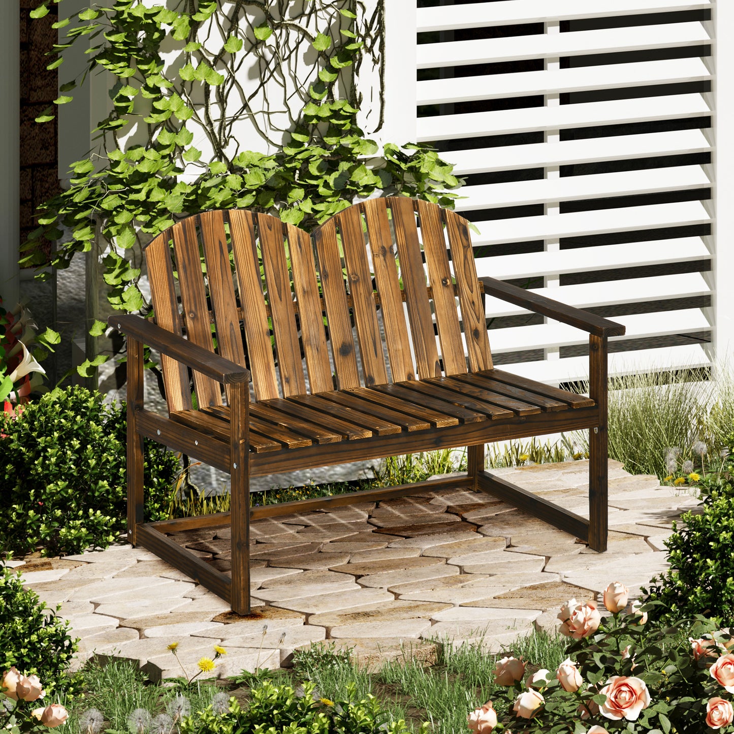 Outdoor Wooden Garden Bench, Patio Loveseat Chair with Slatted Backrest and Smooth Armrests for Two People, for Yard, Lawn