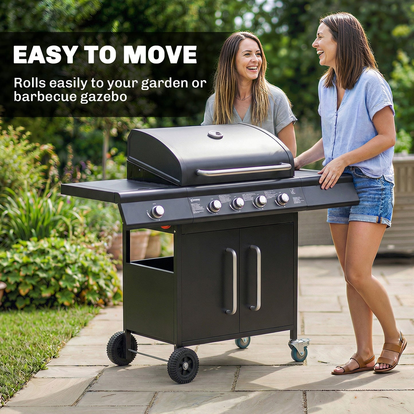 4+1 Burner Gas BBQ Grill with Storage Cabinet, 15.2 kW Gas Barbecue Trolley with Side Table, 4 Wheels, Warming Rack