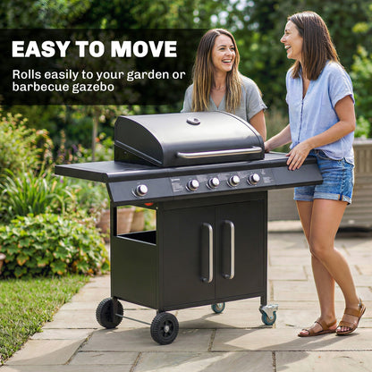 4+1 Burner Gas BBQ Grill with Storage Cabinet, 15.2 kW Gas Barbecue Trolley with Side Table, 4 Wheels, Warming Rack