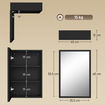 Bathroom Cabinet with Mirror, Wall Mounted Bathroom Mirror Cabinet with Storage Shelves, 40 x 12 x 60 cm, Black