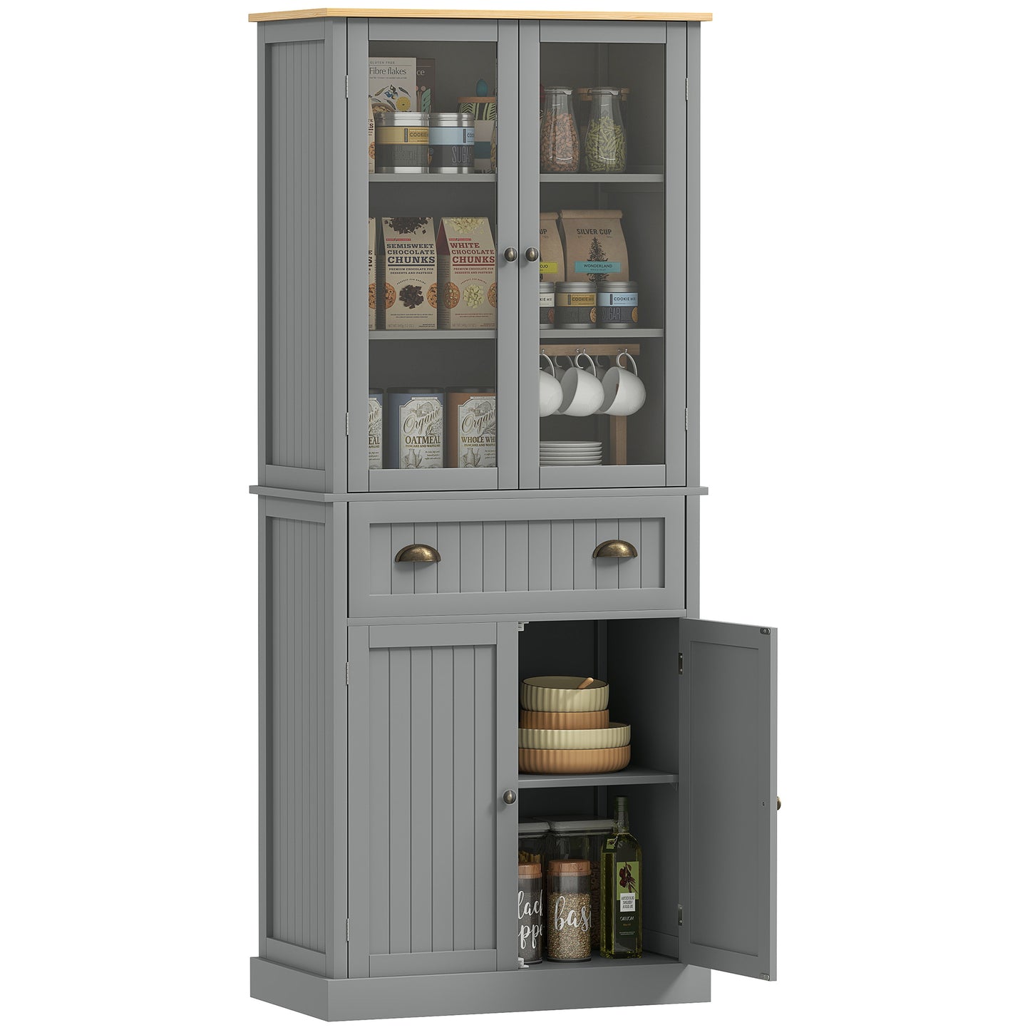 180cm Tall Kitchen Pantry Cupboard, Freestanding Storage Cabinet with 5 Tier, Adjustable Shelves, Drawer, Grey