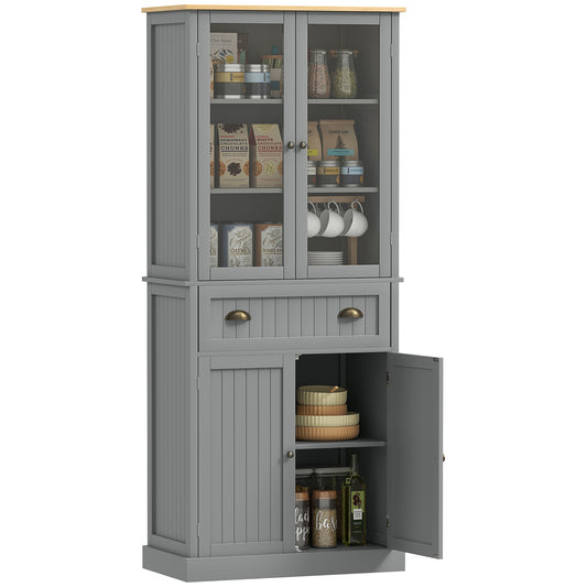 180cm Tall Kitchen Pantry Cupboard, Freestanding Storage Cabinet with 5 Tier, Adjustable Shelves, Drawer, Grey