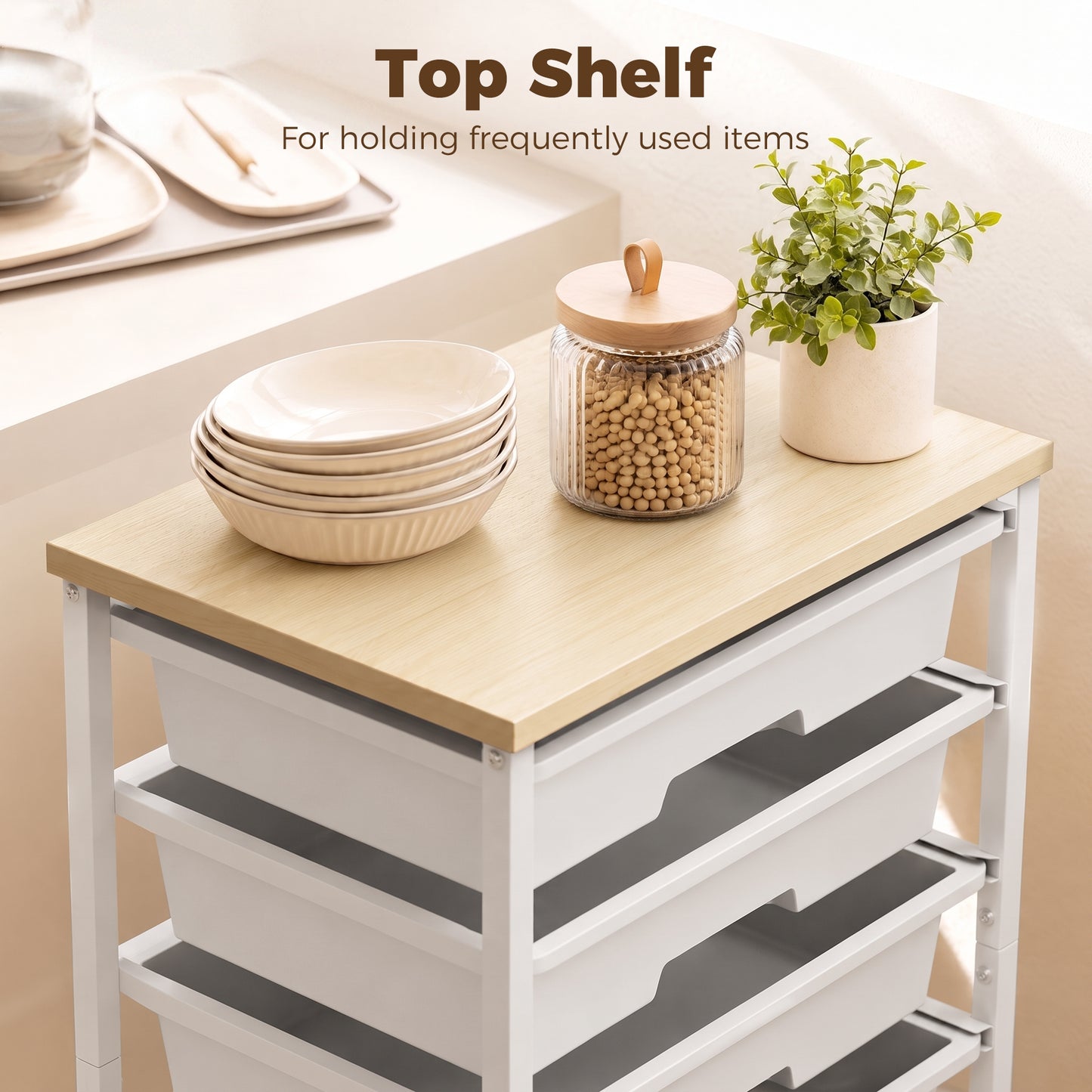 6-Tier Storage Trolley on Wheels, Metal Kitchen Rolling Cart with 5 Pull-Out Drawers, White