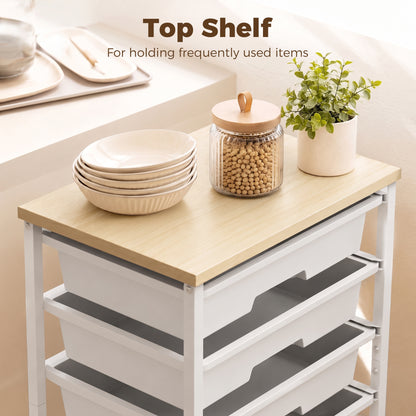6-Tier Storage Trolley on Wheels, Metal Kitchen Rolling Cart with 5 Pull-Out Drawers, White
