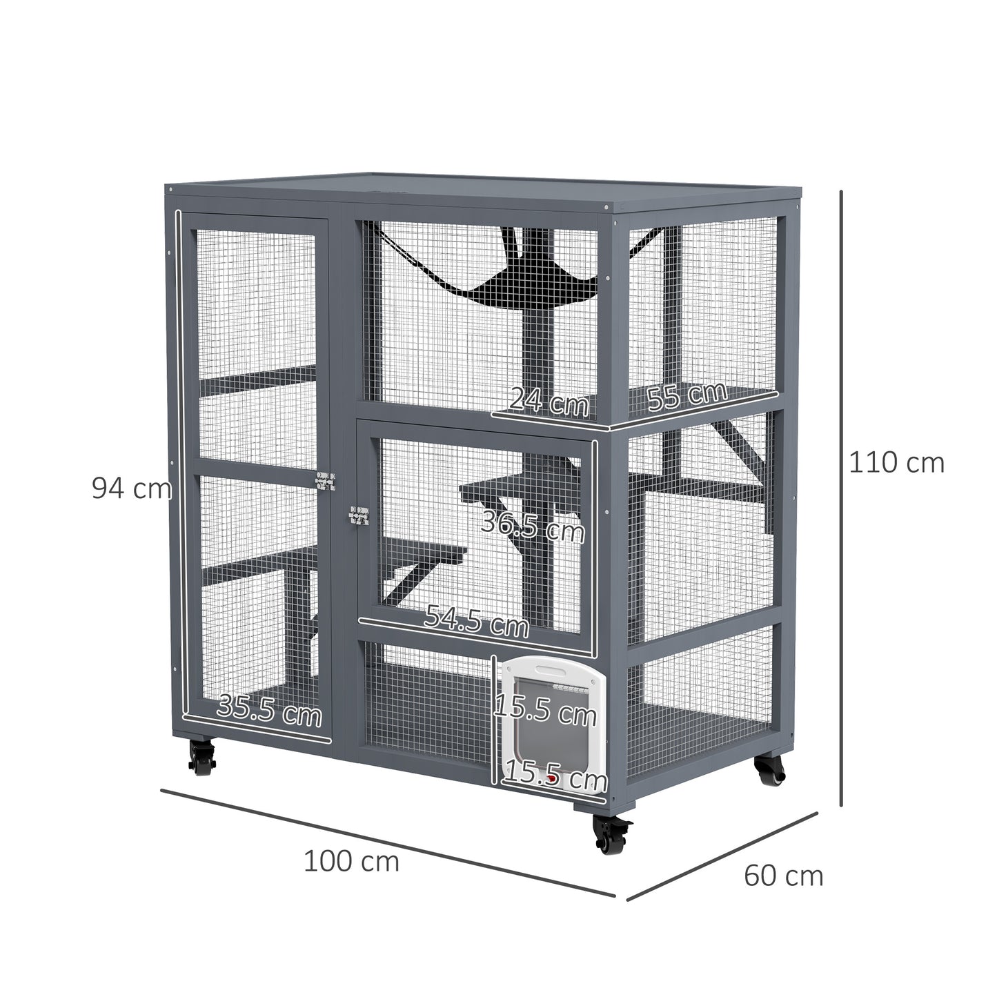 Cat House, Wooden Indoor Catio Cat Enclosure on Wheels, Wooden Kitty Cage with Platforms, Hammock, Light Grey