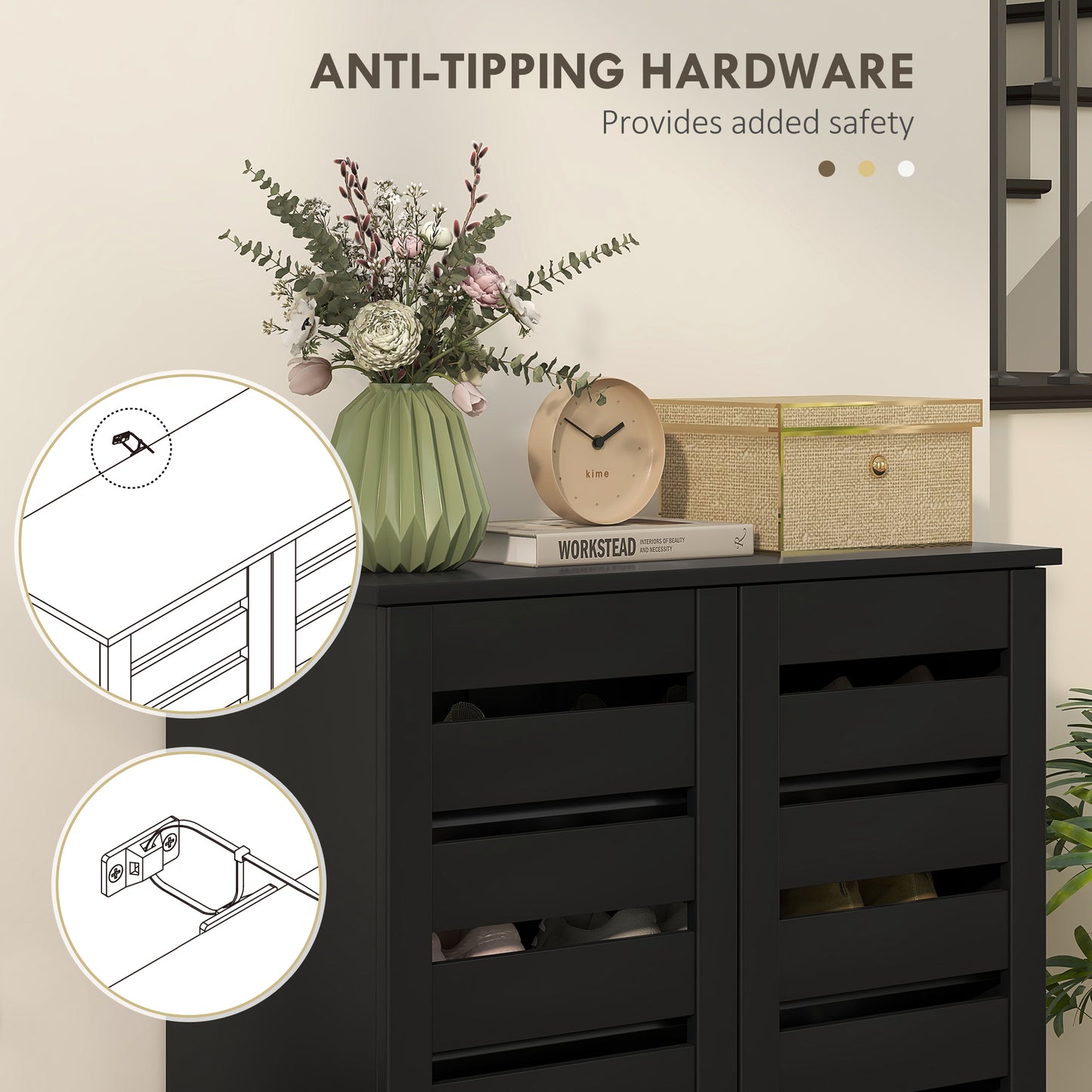 Narrow Shoe Cabinet for Entryway, 5-Tier Slim Shoe Storage Cabinet with 2 Slatted Doors and Adjustable Shelves