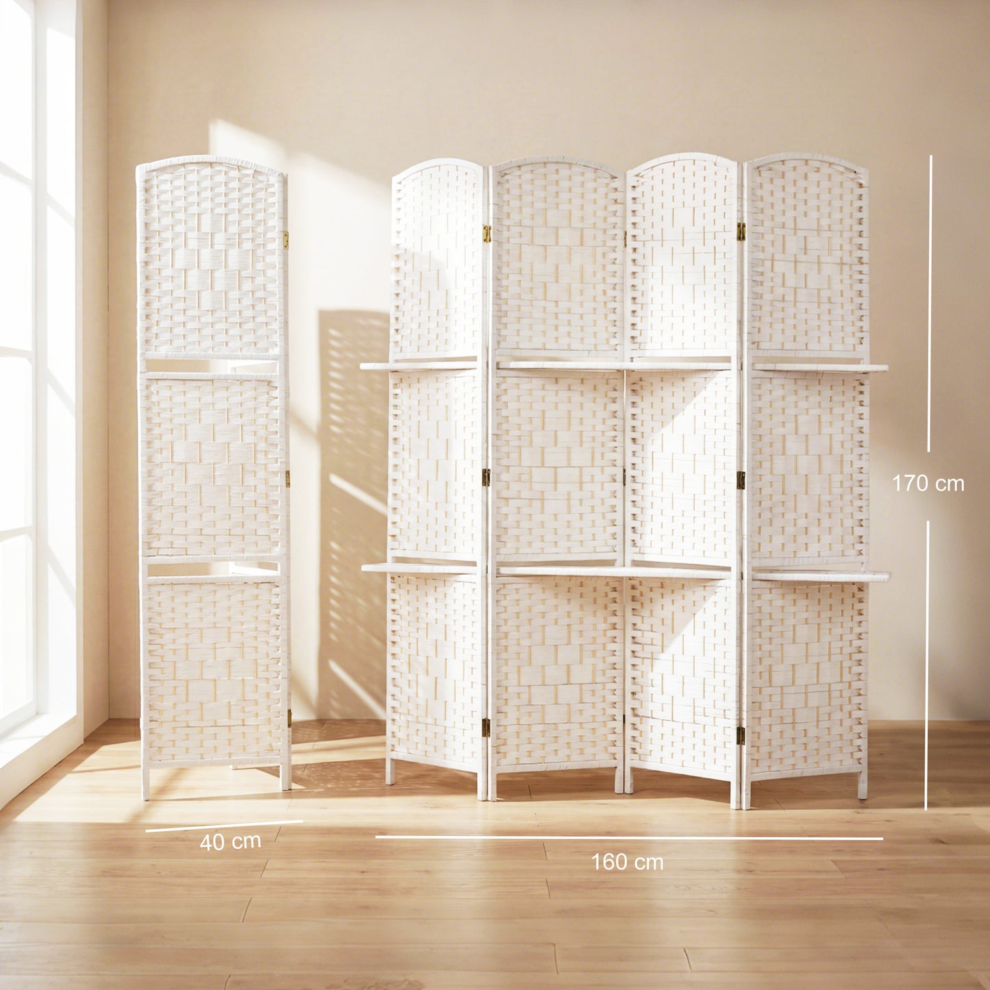 Freestanding Privacy Screen, 4 Panel Folding Room Divider for Living Room, Bedroom and Office, 160 x 170cm, White
