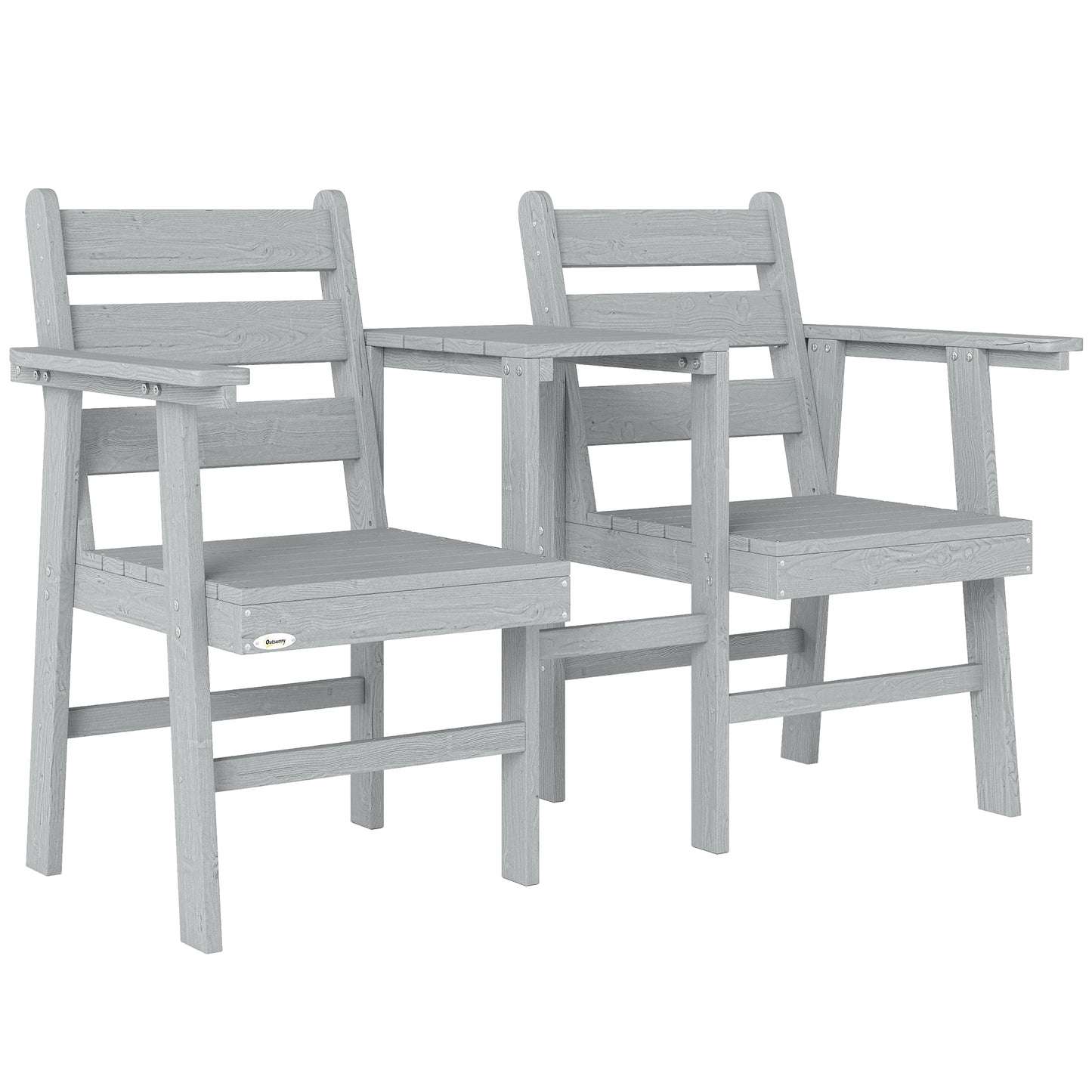 Outdoor Garden Loveseat, Embossed Wooden Jack and Jill Garden Seat with Integrated Table, Grey