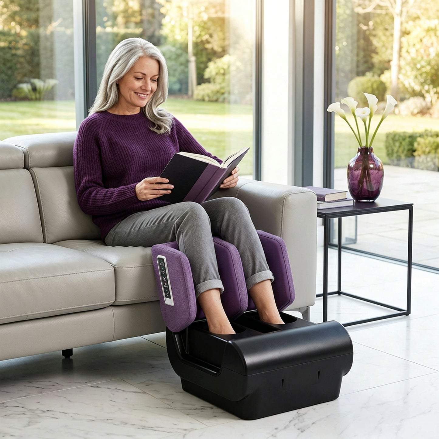 2 in 1 Foot and Calf Massager with Heat, Air Compression, Timer, 3 Modes & Intensities, Purple and Black