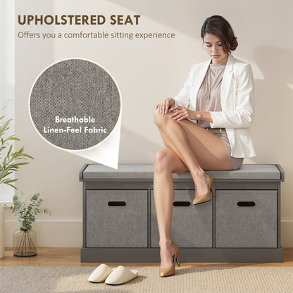 Three-Drawer Shoe Storage Bench, with Padded Top Seat - Grey