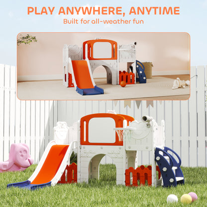 7 in 1 Toddler Slide Set with Basketball Hoop, Climbing Frame, Telescope, Drawing Board, Storage Box, Orange