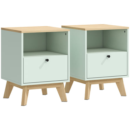 Modern Nightstand Set of 2, Bedside Table with Drawer and Open Shelf, Side End Table for Bedroom, Light Green
