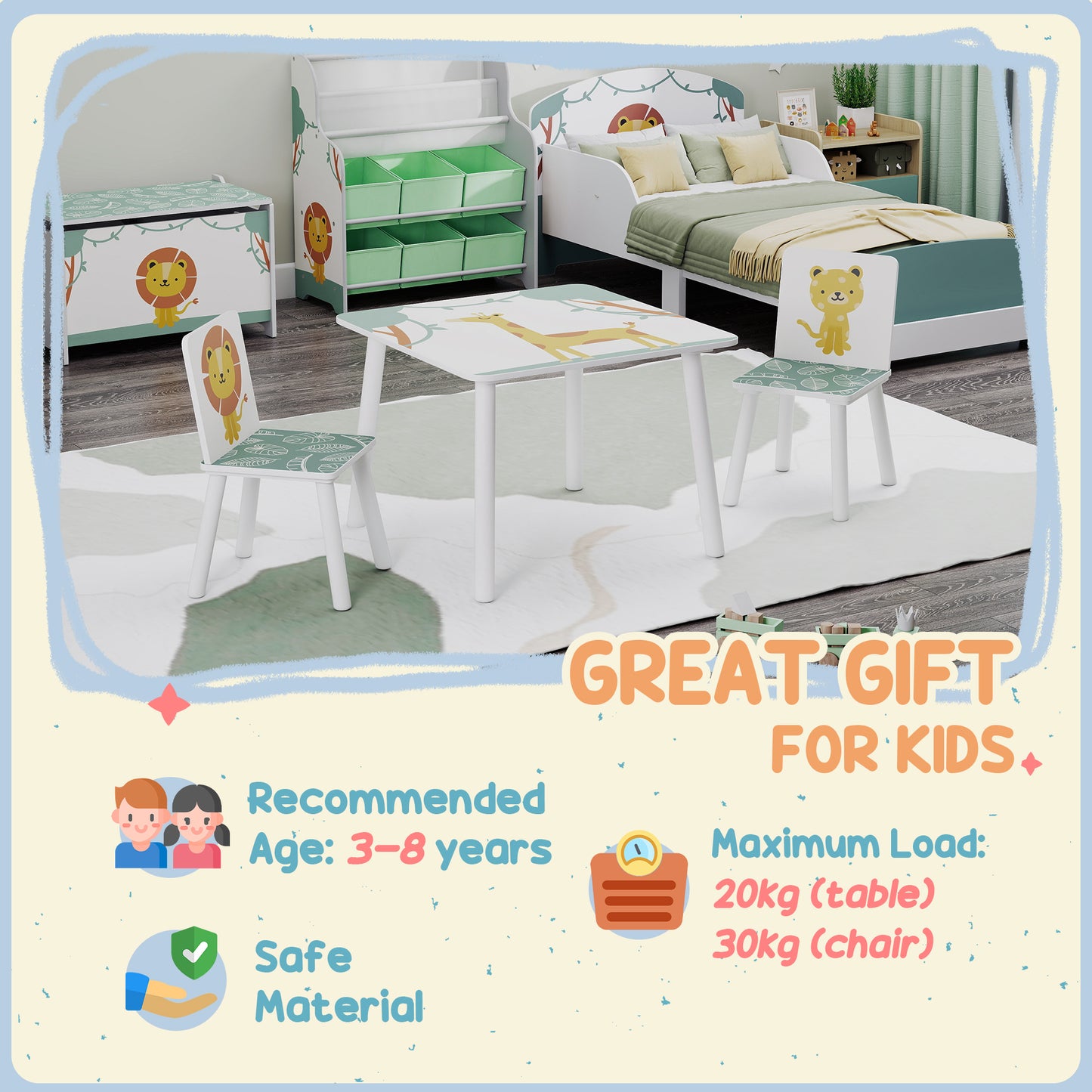 3-Piece Toddler Table and Chair Set, Kids Table with 2 Chairs Set for Bedroom, Nursery, Playroom, Green