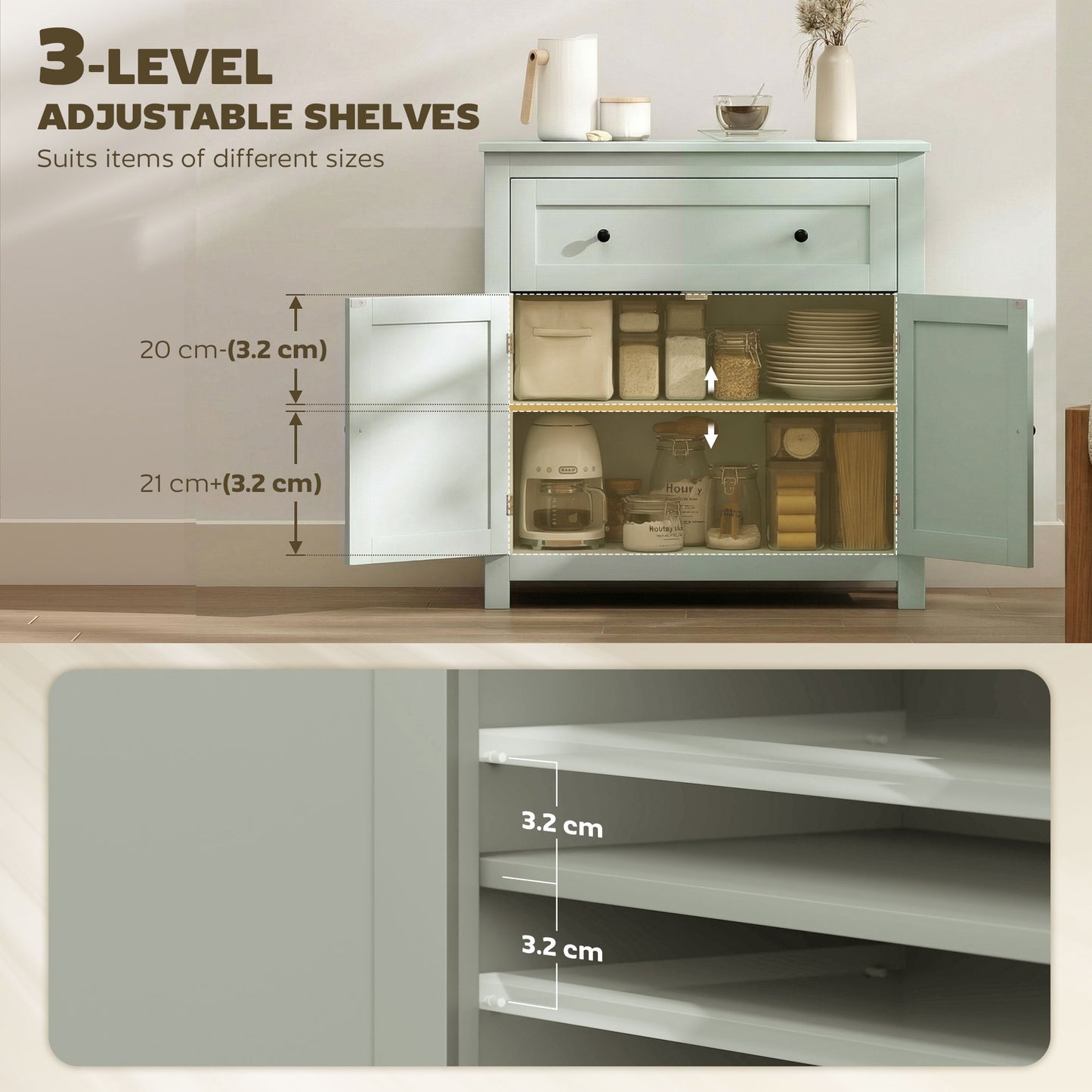 Sideboard Storage Cabinet, Modern Kitchen Cupboard with Adjustable Shelf, Drawer and Double Doors, Green
