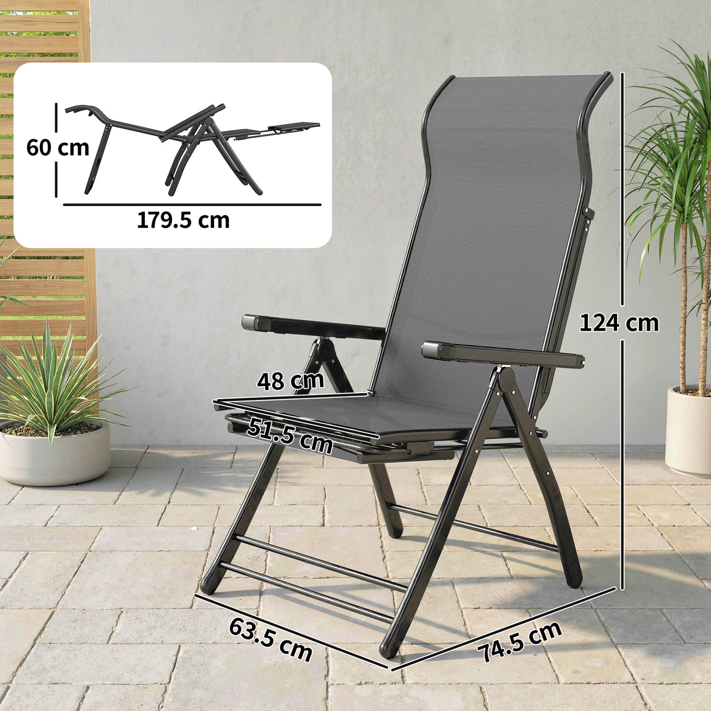 Reclining Garden Chairs Set of 2 with High Back, Retractable Footrest, Dark Grey