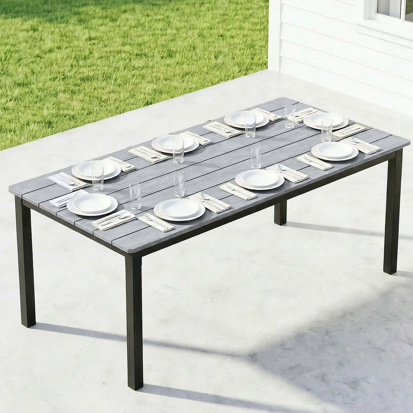 Garden Dining Table for 6-8 Person, 180 x 86 cm Rectangular Outdoor Dining Table with Wood Slatted Top, Grey