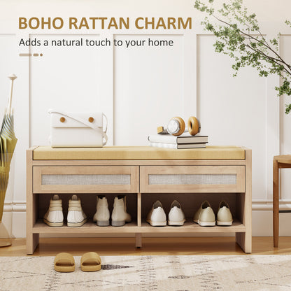 Boho Shoe Bench with 2 Rattan Drawers, Shoe Storage Bench with Cushioned Seat and Open Shelf Oak Wood Effect