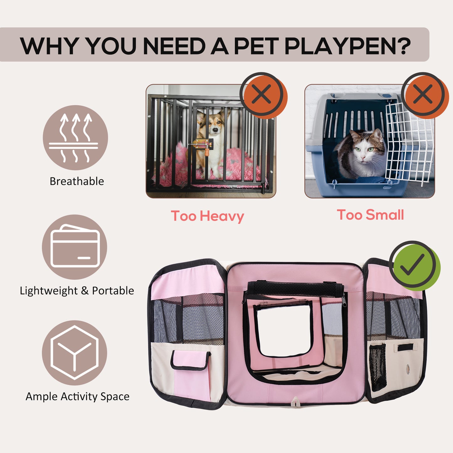 600D Oxford Soft Fabric Kennel, Portable Lightweight Cat Dog Playpen