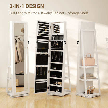 360° Swivel Jewellery Cabinet, Free Standing Full Length Mirror with Storage
