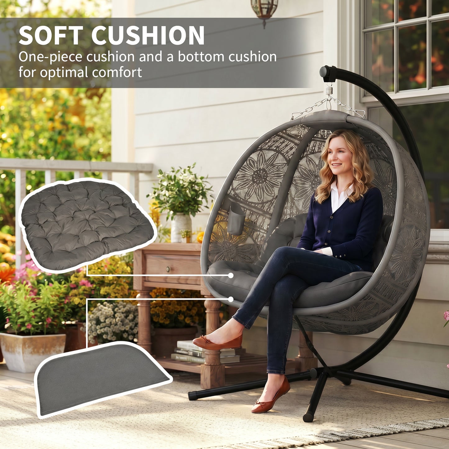 Round Egg Basket Chair, with Steel Stand, Charcoal Grey