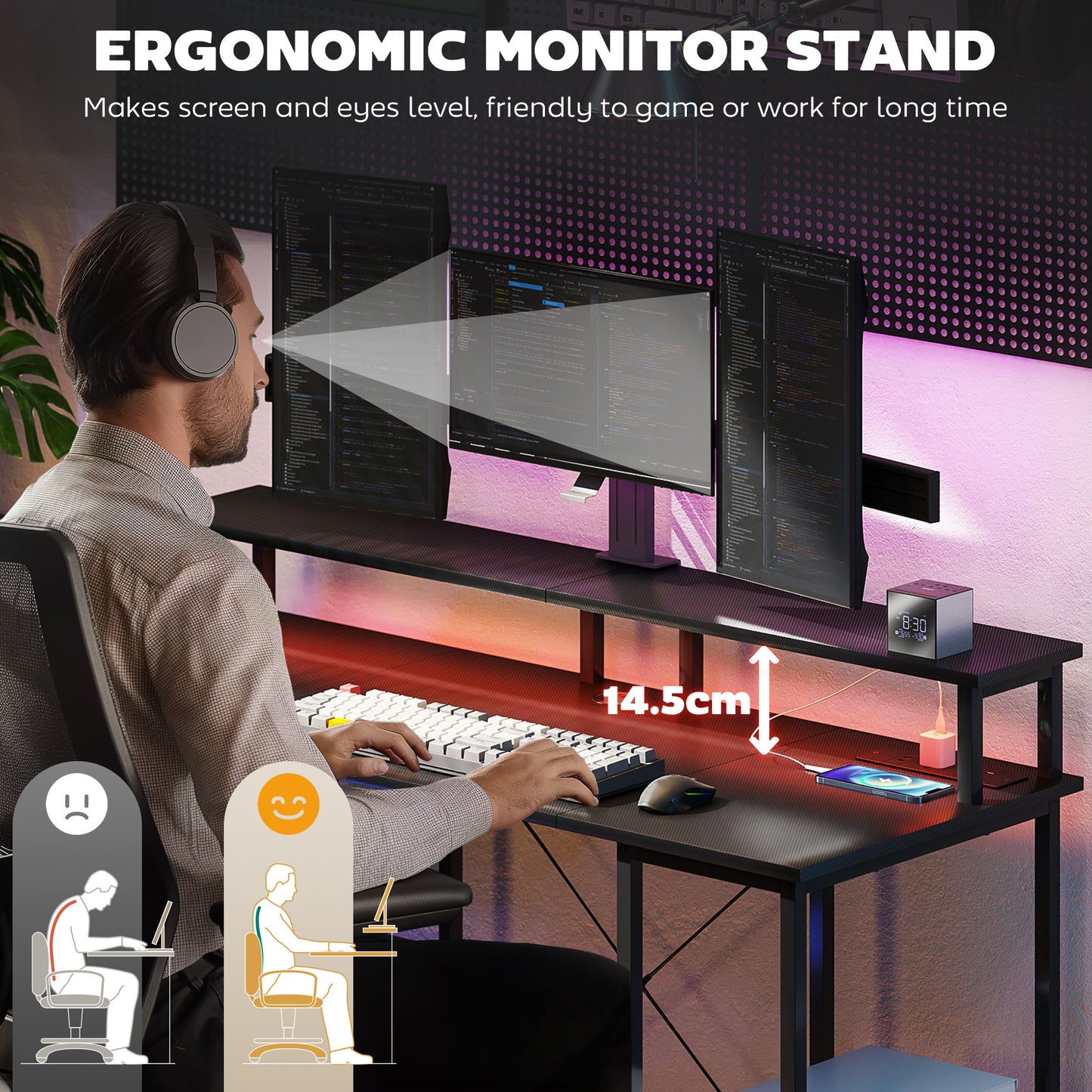 LED Computer Desk, with Power Outlets and Shelves - Carbon Fibre Grey
