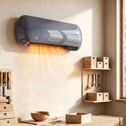 2000W Ceramic Electric Heater with Fan, Adjustable Thermostat, Wall Mounted - Grey