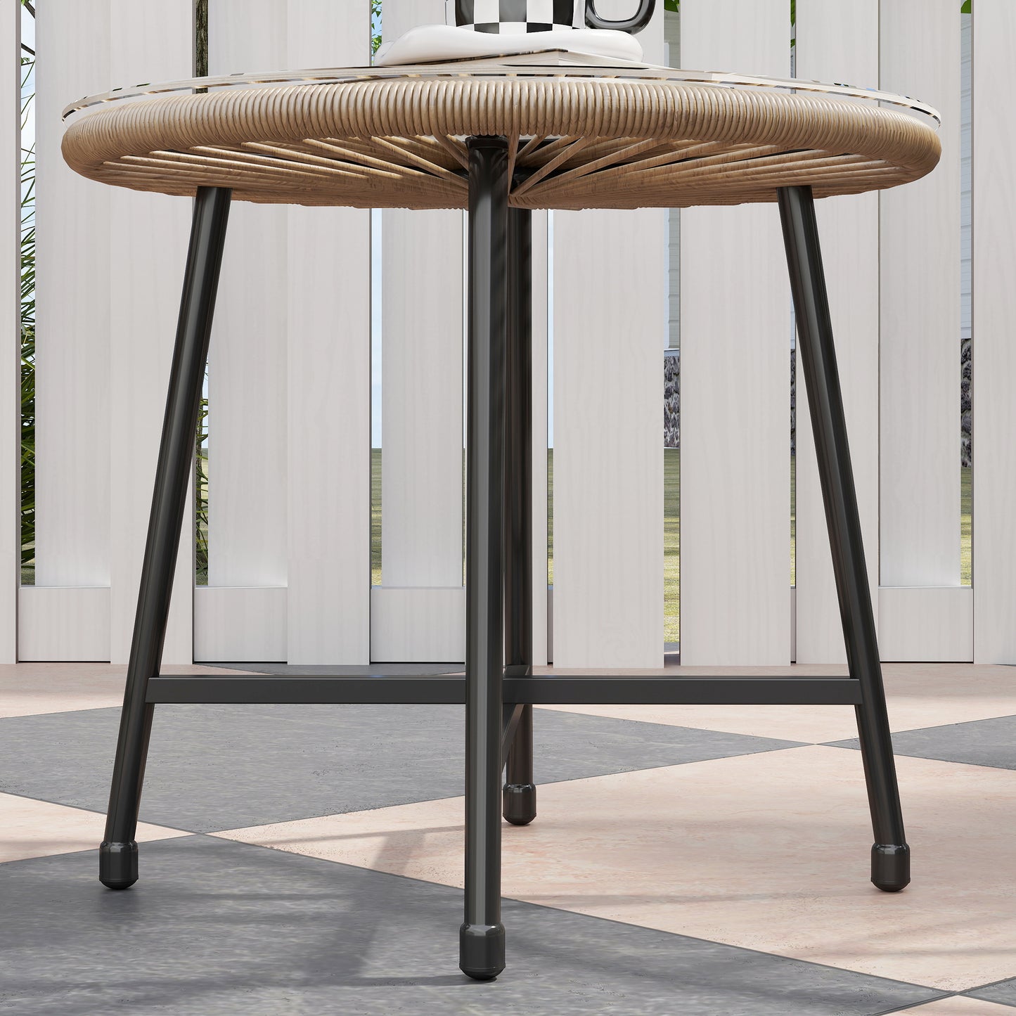 3 Pieces Rattan Bistro Set, Garden Bistro Set with Acapulco Chairs and Glass Top Table, Small Garden Furniture Set