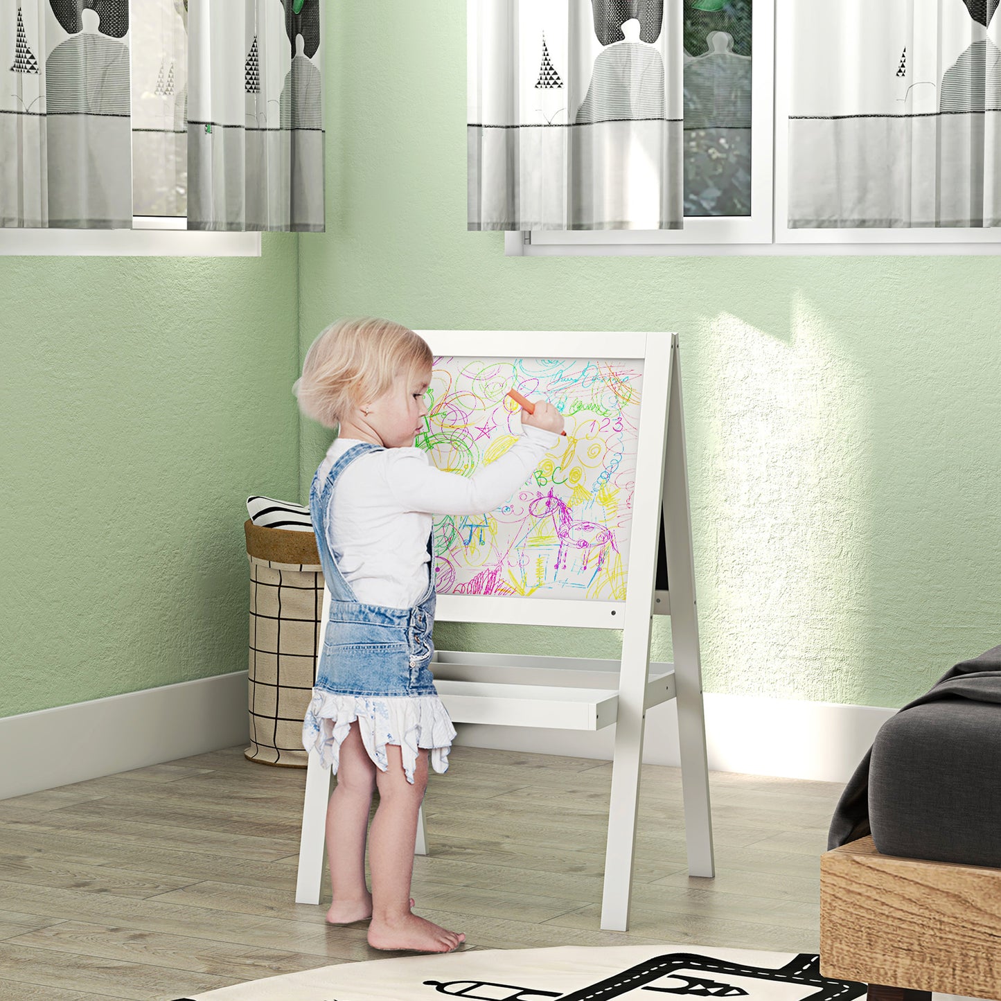 Kids Easel, Art Easel with Double Sided Whiteboard, Chalkboard, Storage, 2 in 1 Standing Easel for Toddlers 18-48 Months