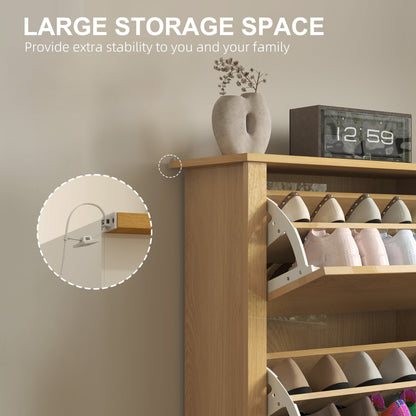 Slim Shoe Cabinet, Narrow Shoe Cupboard with 3 Drawers, Adjustable Shelves for 18 Pairs of Shoes, Natural Wood Finish