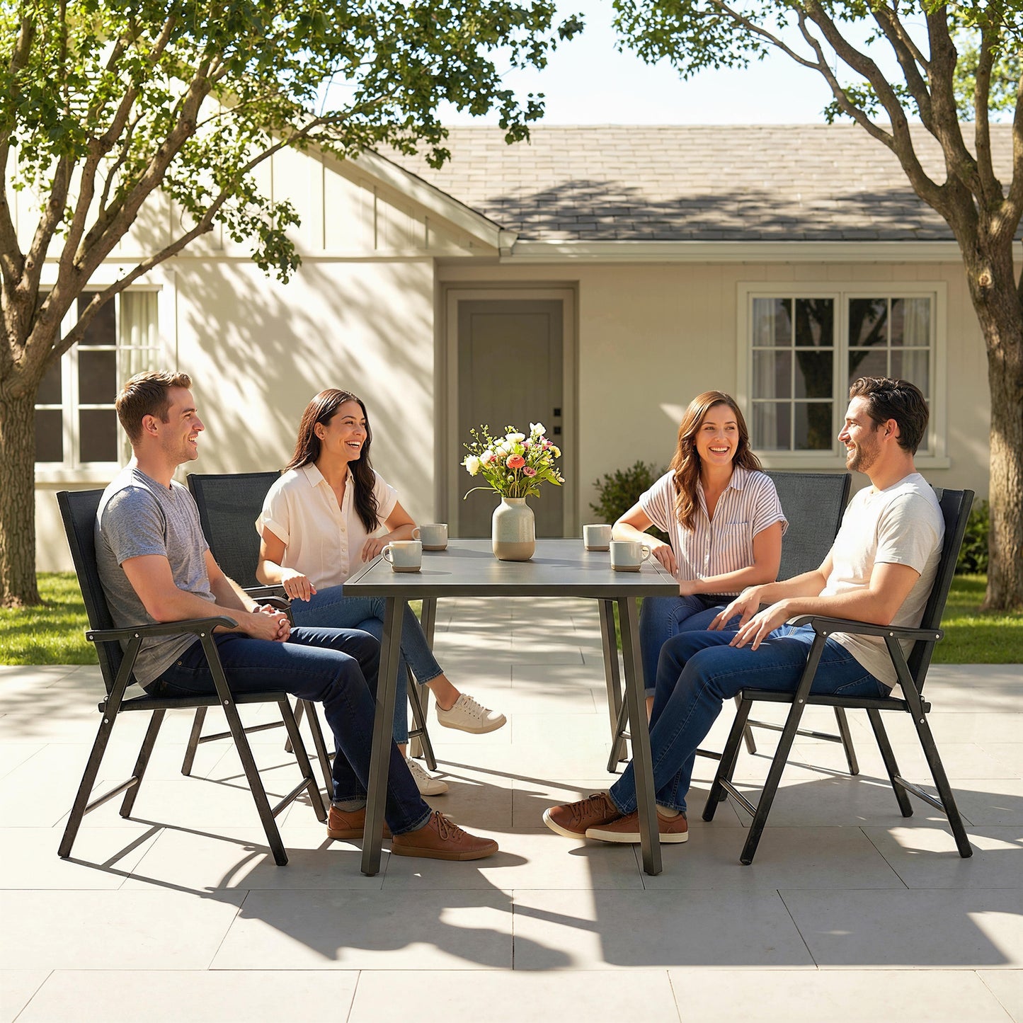 Folding Garden Chairs Set of 4 with High Back, Armrests, Texteline Seat, Black