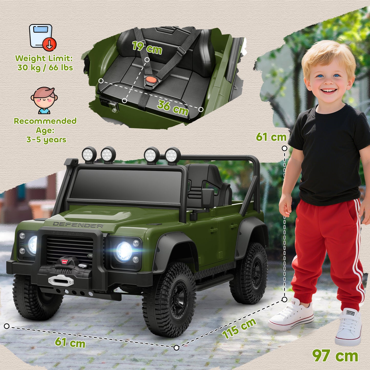 Kids Ride On Car with Remote Control, Music, Horn, 4 Spring Suspension Wheels, LED Lights for 3-5 Years Old, Green