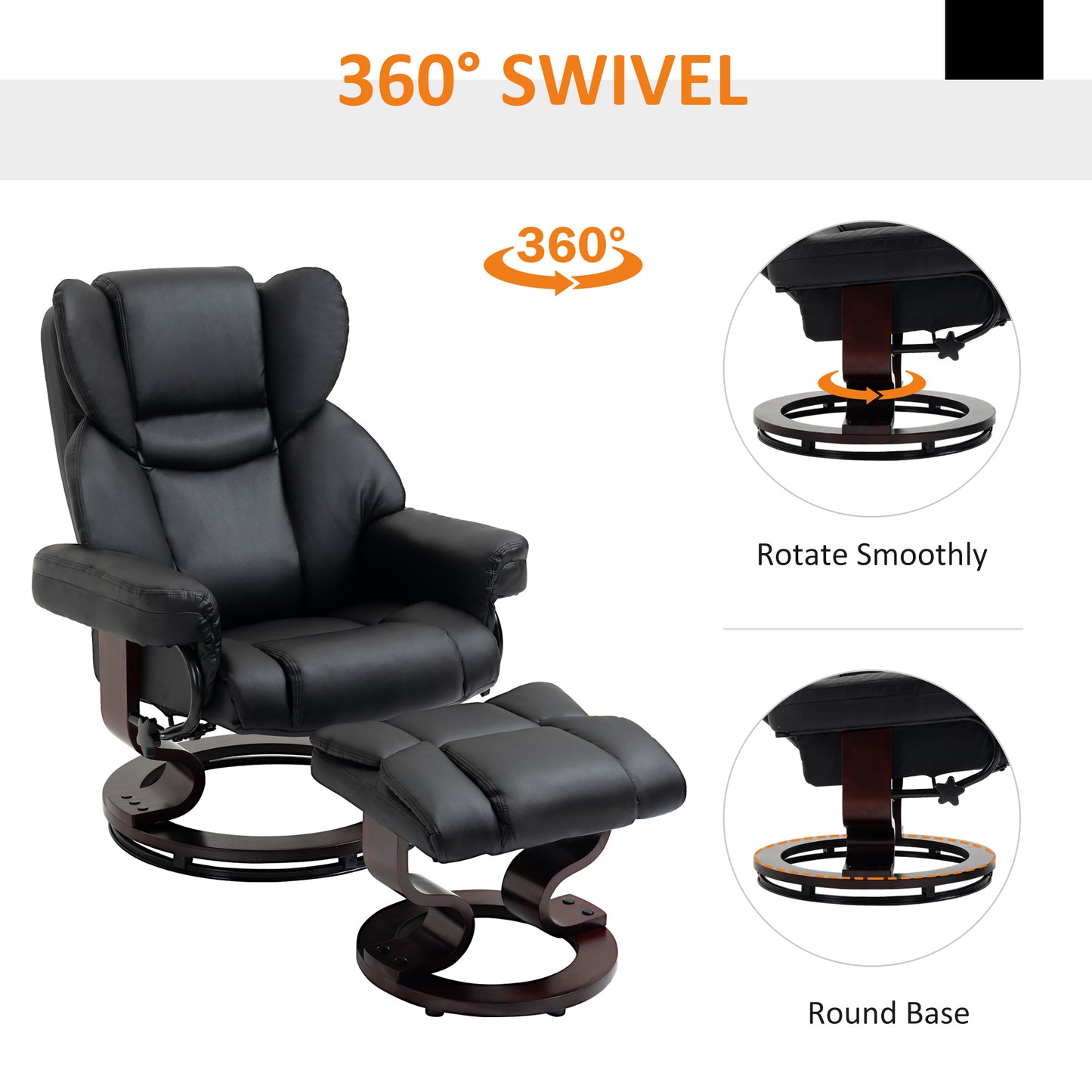 360° Swivel Recliner Chair with Footstool, PU Leather Manual Recliner Armchair with Footstool, Solid Wood Base