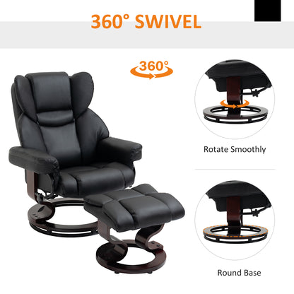 360° Swivel Recliner Chair with Footstool, PU Leather Manual Recliner Armchair with Footstool, Solid Wood Base