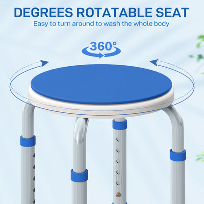 360° Swivel Shower Chair, Height Adjustable Aluminium Shower Stool with Non-Slip Feet for Disabled, Elderly, Blue