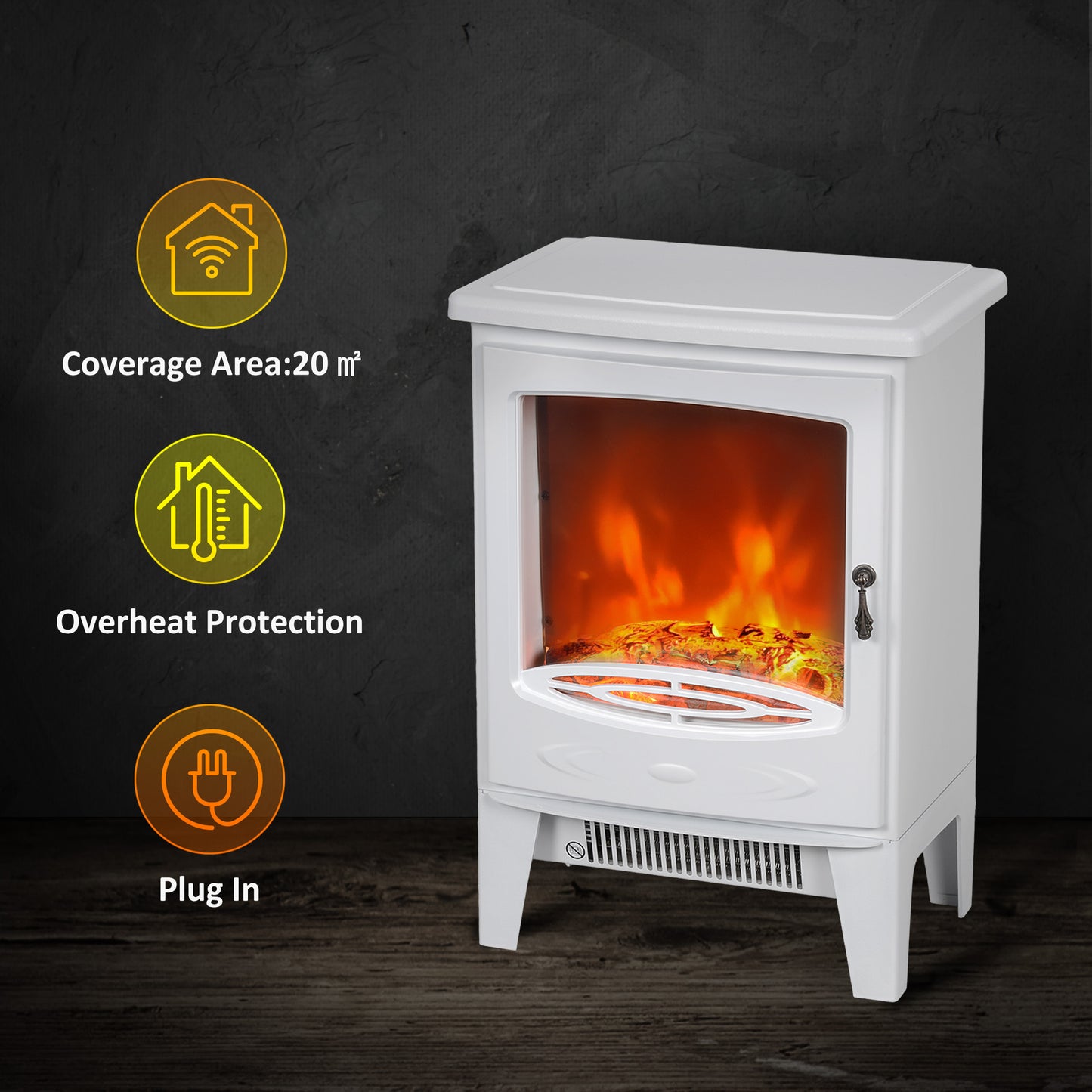 Tempered Glass Casing Electric Fireplace, Freestanding Electric Fire with Realistic Flame Effect, Log Burner