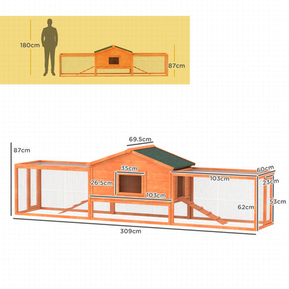 Wooden Rabbit Hutch with Run, Tray, Ramps, Asphalt Roof, 309 x 70 x 87cm, Orange