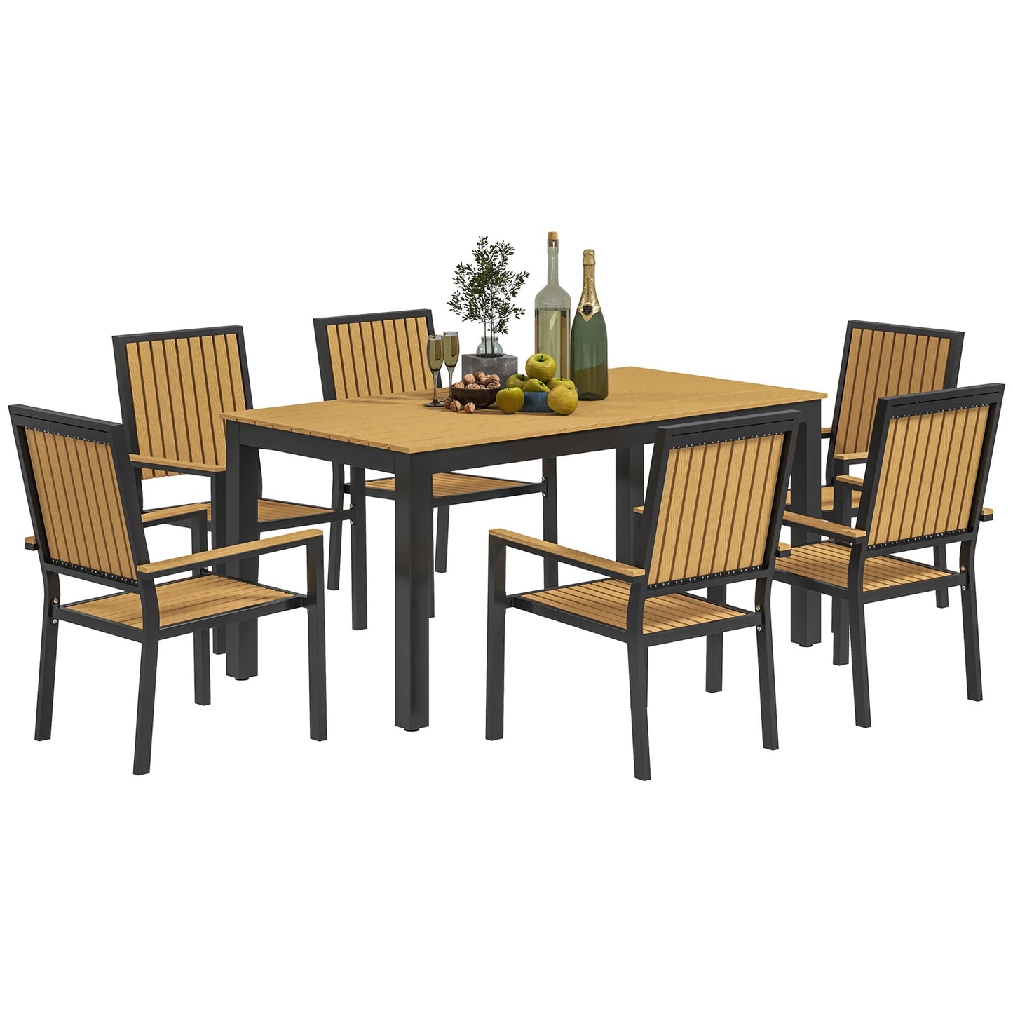 6 Seater Garden Dining Set with Stackable Chairs, Aluminium Frame, Rectangular Plastic Top, Garden Furniture Set, Nature Wood