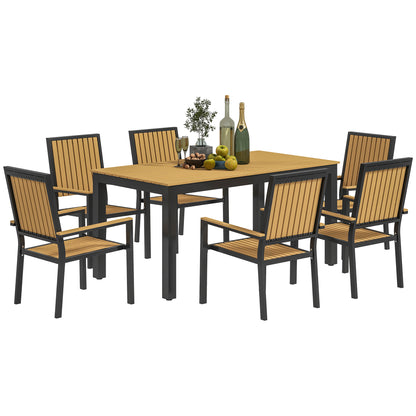 6 Seater Garden Dining Set with Stackable Chairs, Aluminium Frame, Rectangular Plastic Top, Garden Furniture Set, Nature Wood