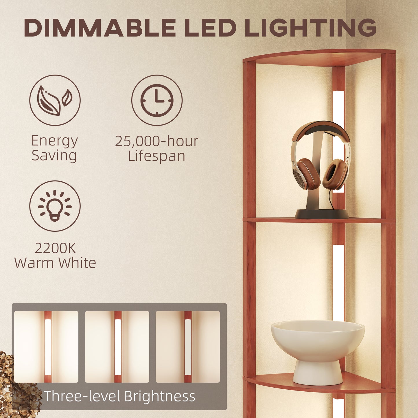 Corner Floor Lamp for Living Room Bedroom with Warm White LED Light, Modern Tall Standing Lamp, Brown