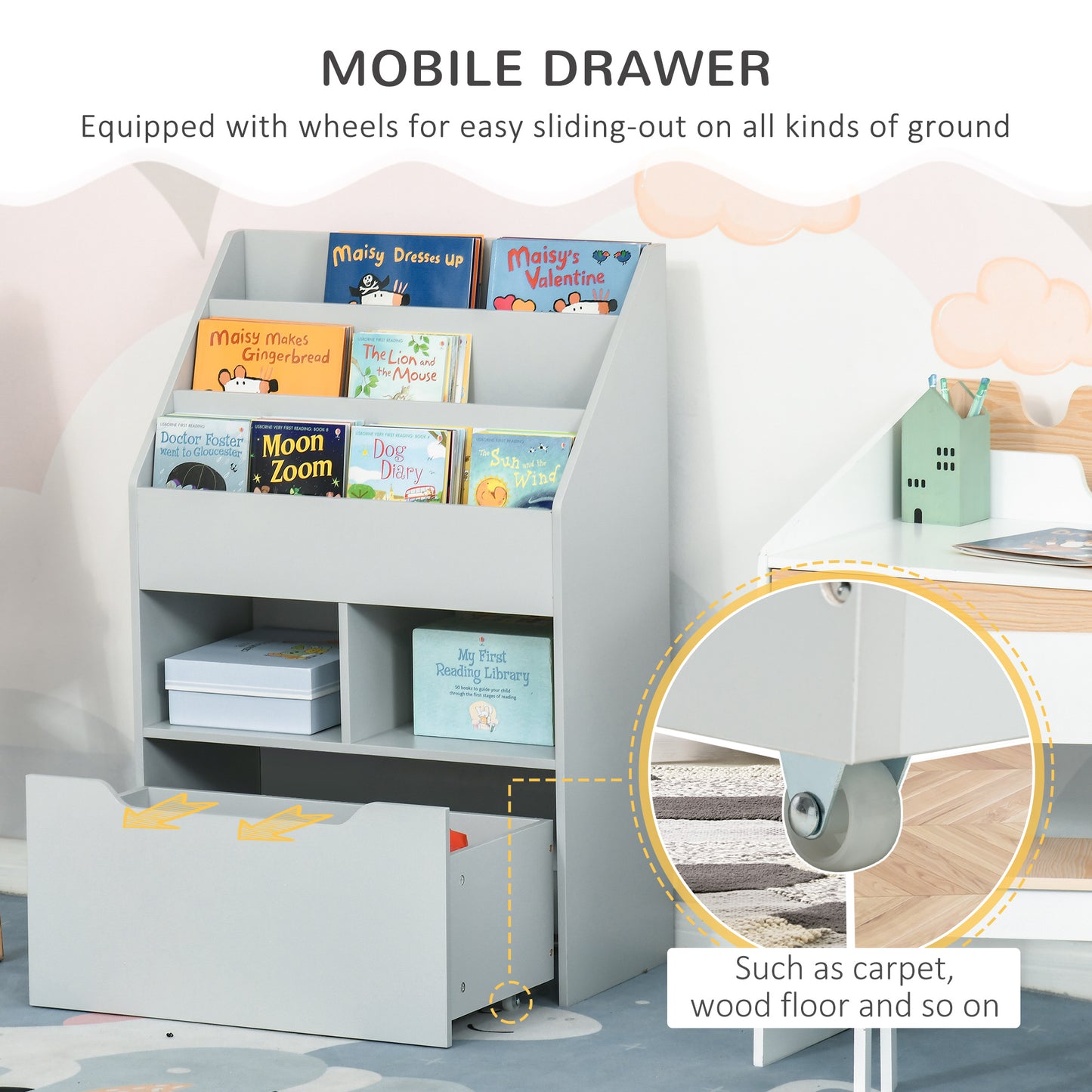 Kids Bookshelf, Toy Organiser, with Storage Drawer, Wheels - Grey