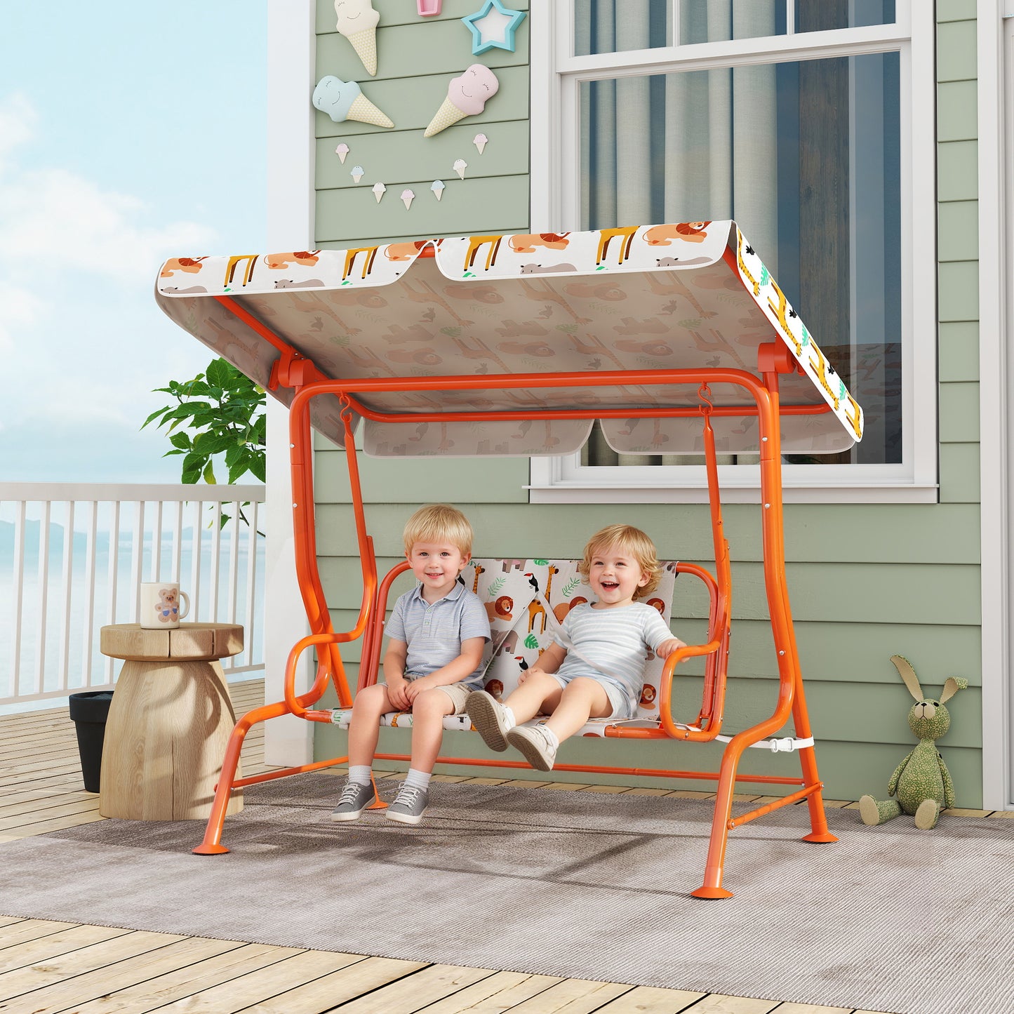 Kids Porch Swing, 2-Seater Patio Swing Bench Hammock with Seat Belts, Adjustable Canopy for Garden, Orange